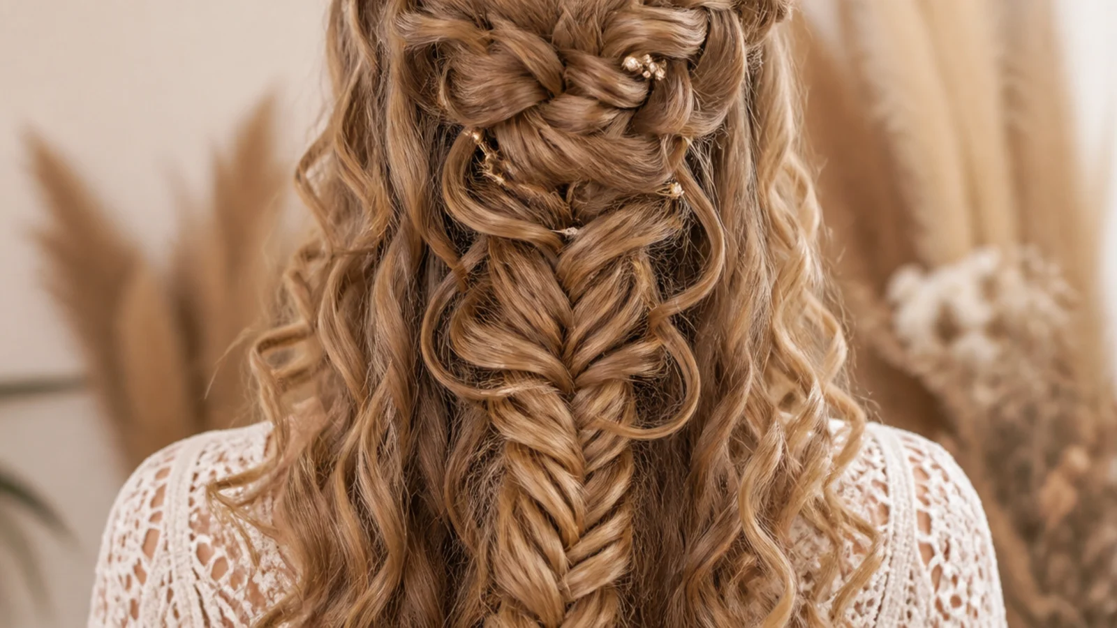 Waterfall mermaid braid on curly hair with defined dropped curls falling into a loose fishtail