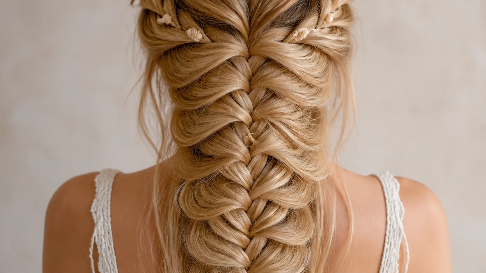 Heavily pancaked waterfall mermaid braid fanned wide across the back on thin hair