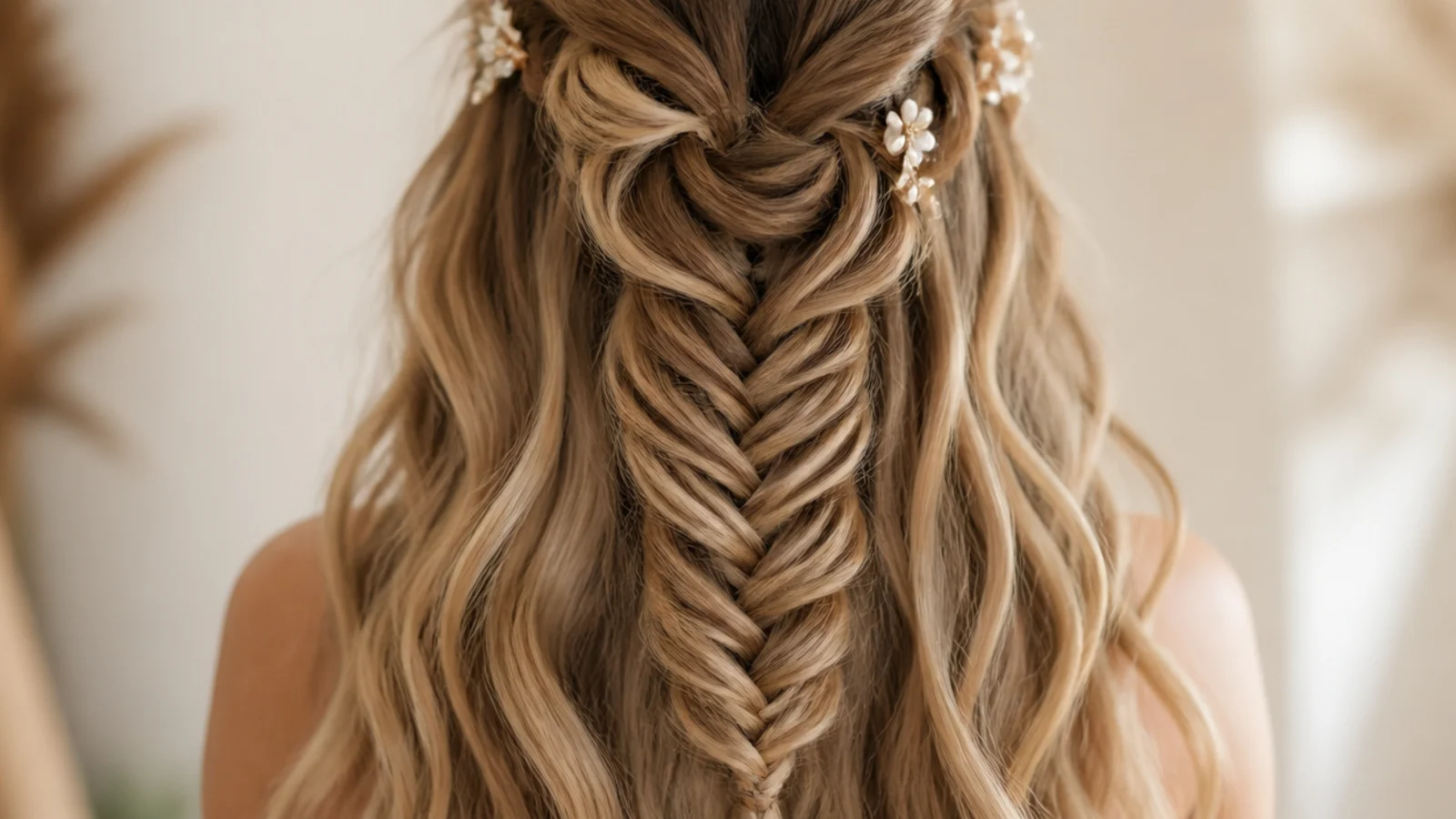 Waterfall mermaid braid with beach waves in the dropped strands and a soft fanned fishtail