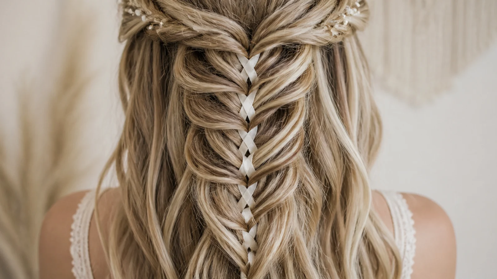 Boho waterfall mermaid braid with a thin silk ribbon woven through the fishtail crossovers
