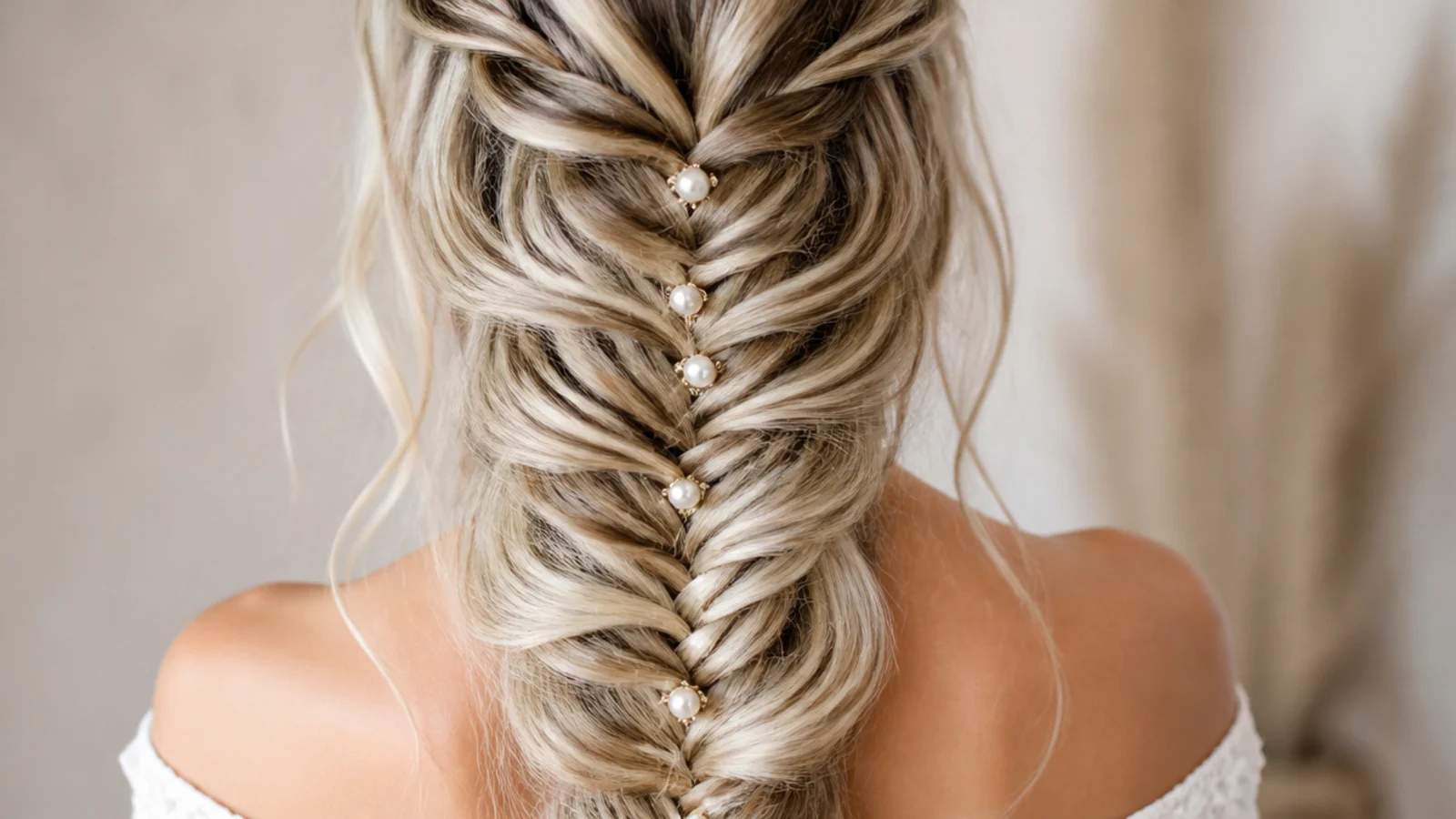 Waterfall mermaid braid with pearl hair pins set along the fishtail for a wedding