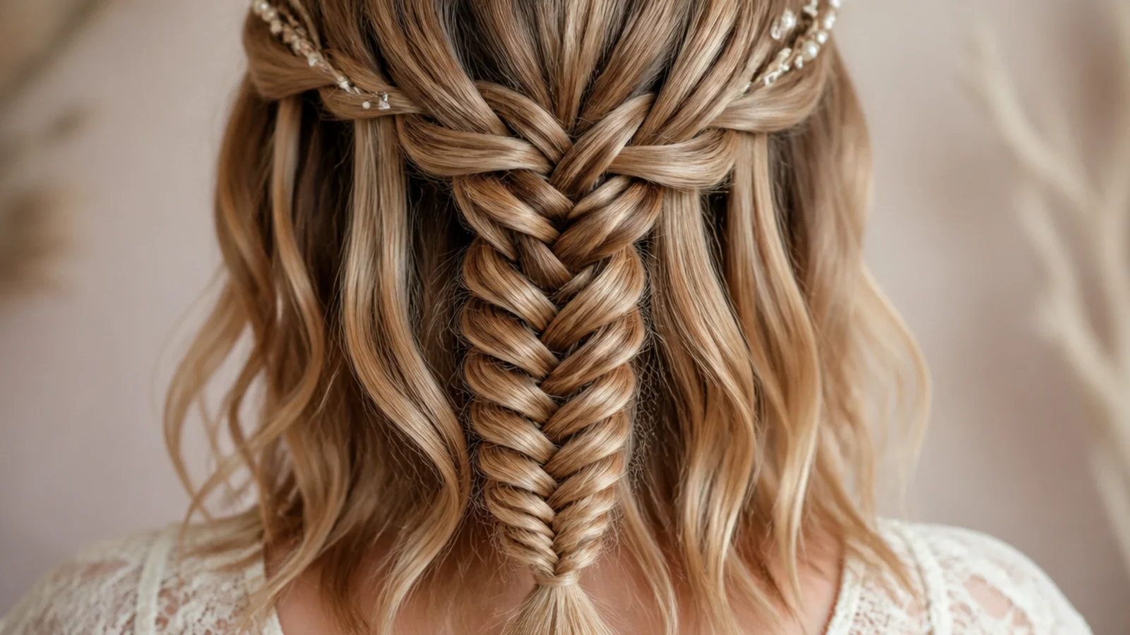 Waterfall mermaid braid on shoulder length hair with a short fanned fishtail at the nape