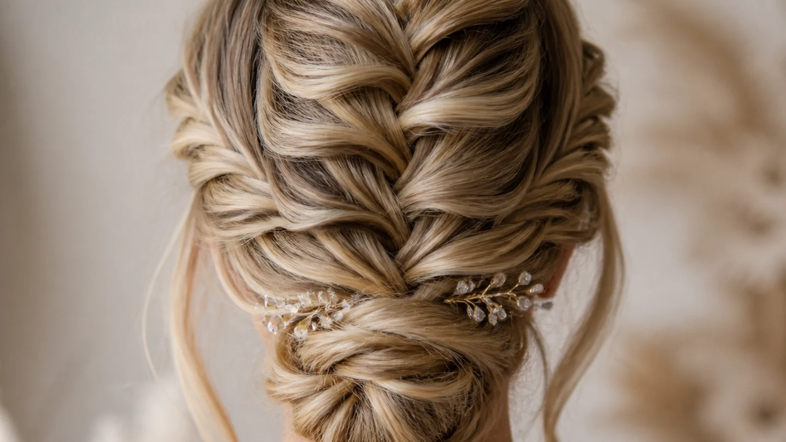 Low waterfall mermaid braid coiled into a loose bun at the nape with soft face framing pieces