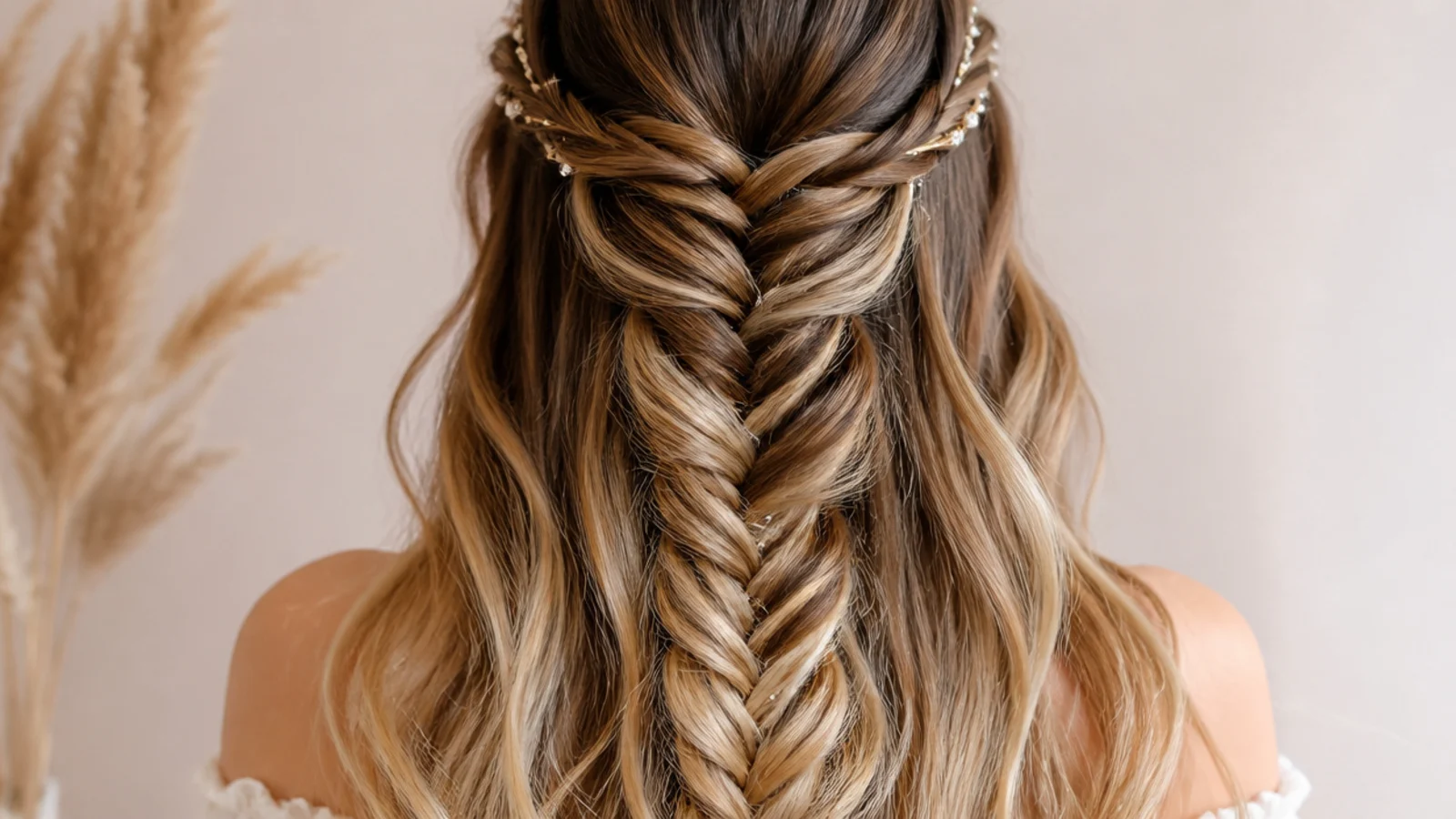 Two tone waterfall mermaid braid on balayage hair showing dark roots and light ends in the fishtail