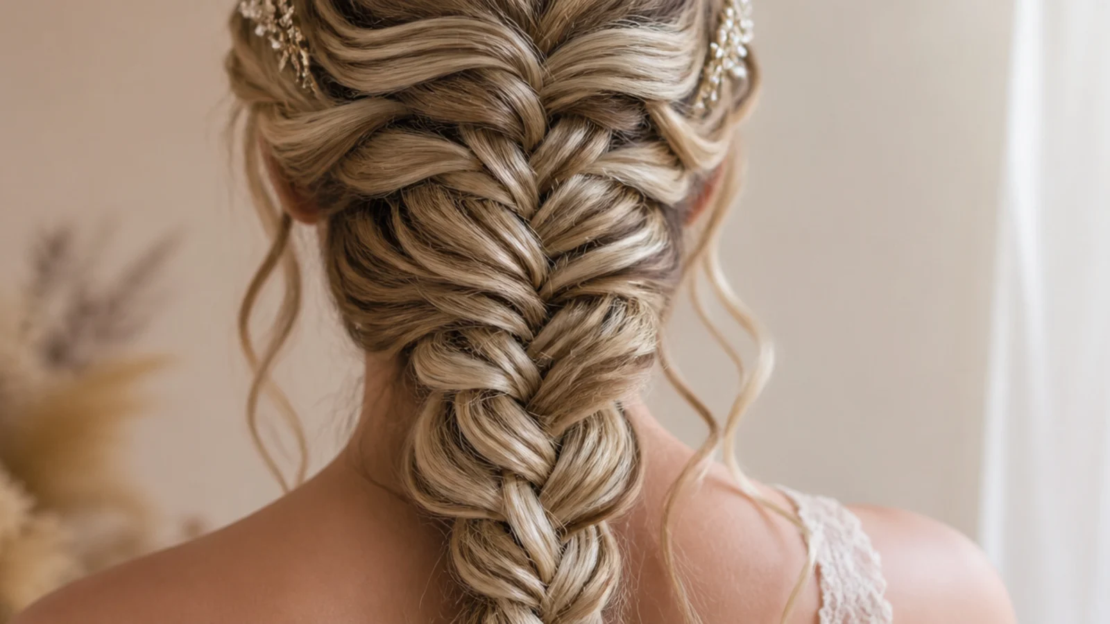 Waterfall mermaid braid with two curled face framing tendrils left loose at the temples