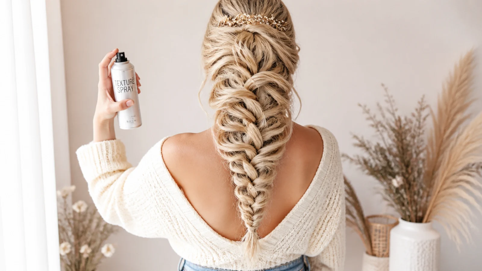 Texture spray applied to fine blonde hair before starting a waterfall mermaid braid