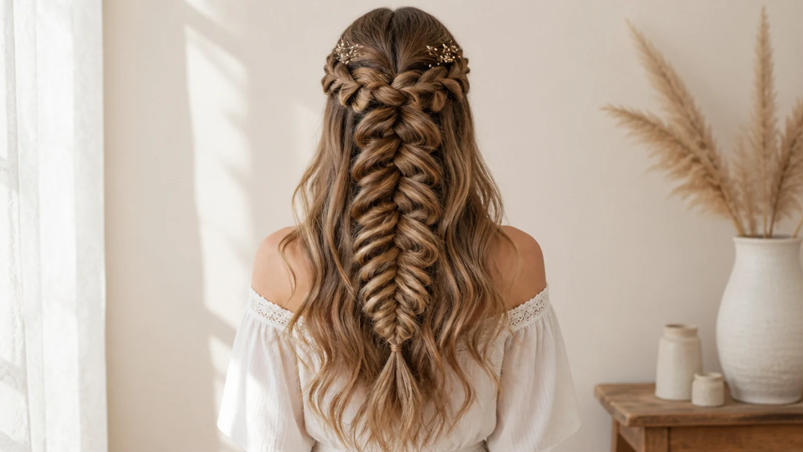 Waterfall mermaid braid on long wavy hair with dropped strands falling into a wide pancaked fishtail at the back