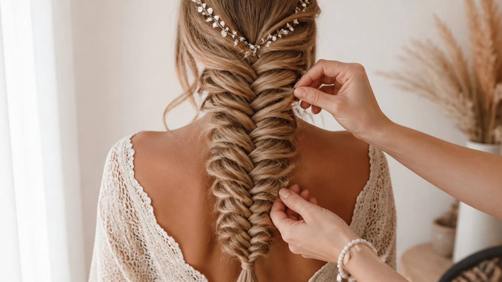 Close up of fingers pancaking a mermaid fishtail braid by tugging the outer edge of each crossover