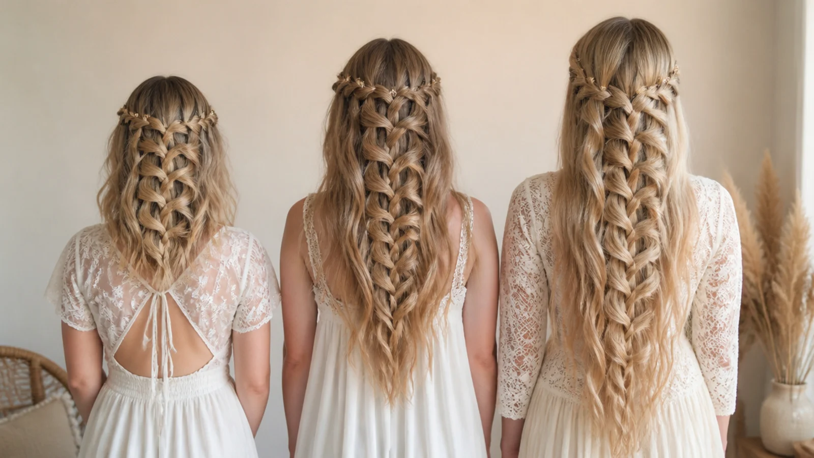 Waterfall mermaid braids compared on shoulder length, mid back and waist length hair