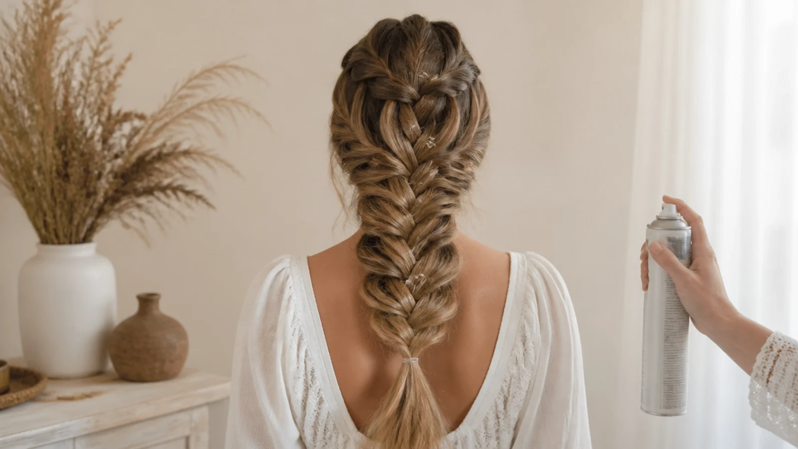Waterfall mermaid braid secured with a clear elastic and finished with flexible hold hairspray