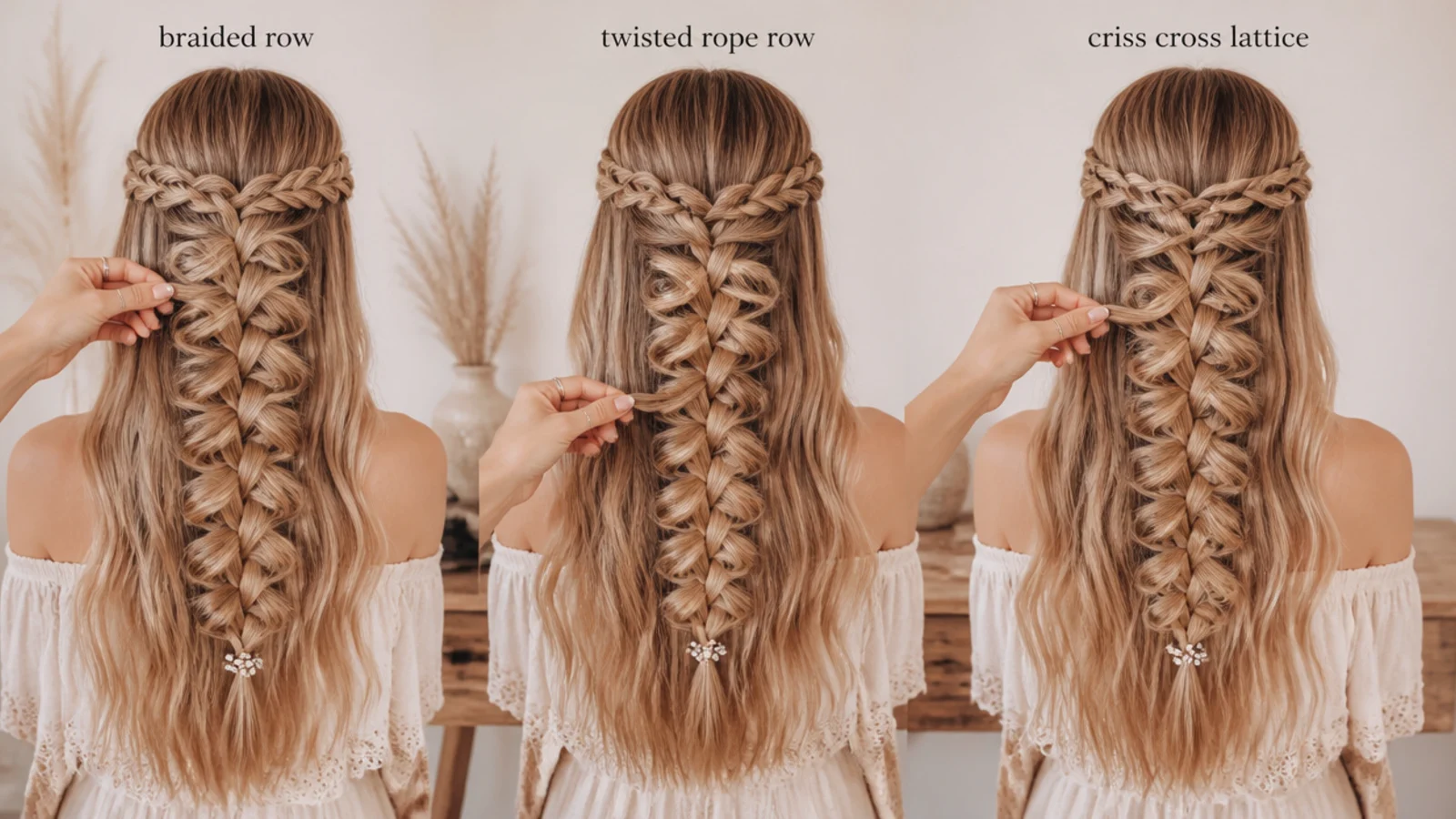 Three waterfall mermaid braid mechanics compared: braided row, twisted rope row and criss cross lattice