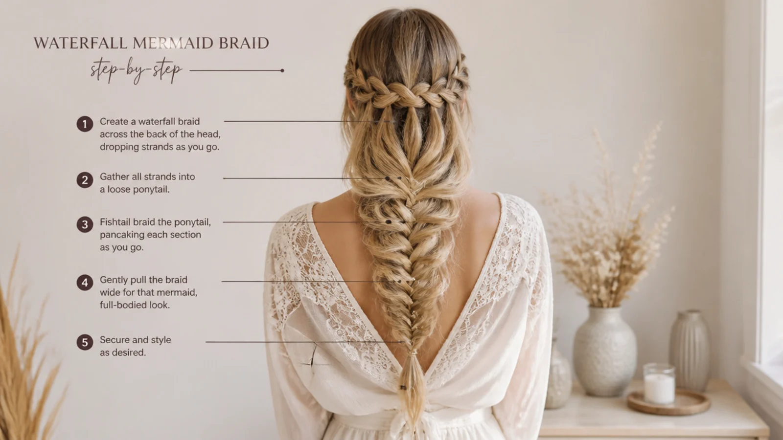 Diagram of a waterfall mermaid braid showing the waterfall row dropping strands into a pancaked fishtail