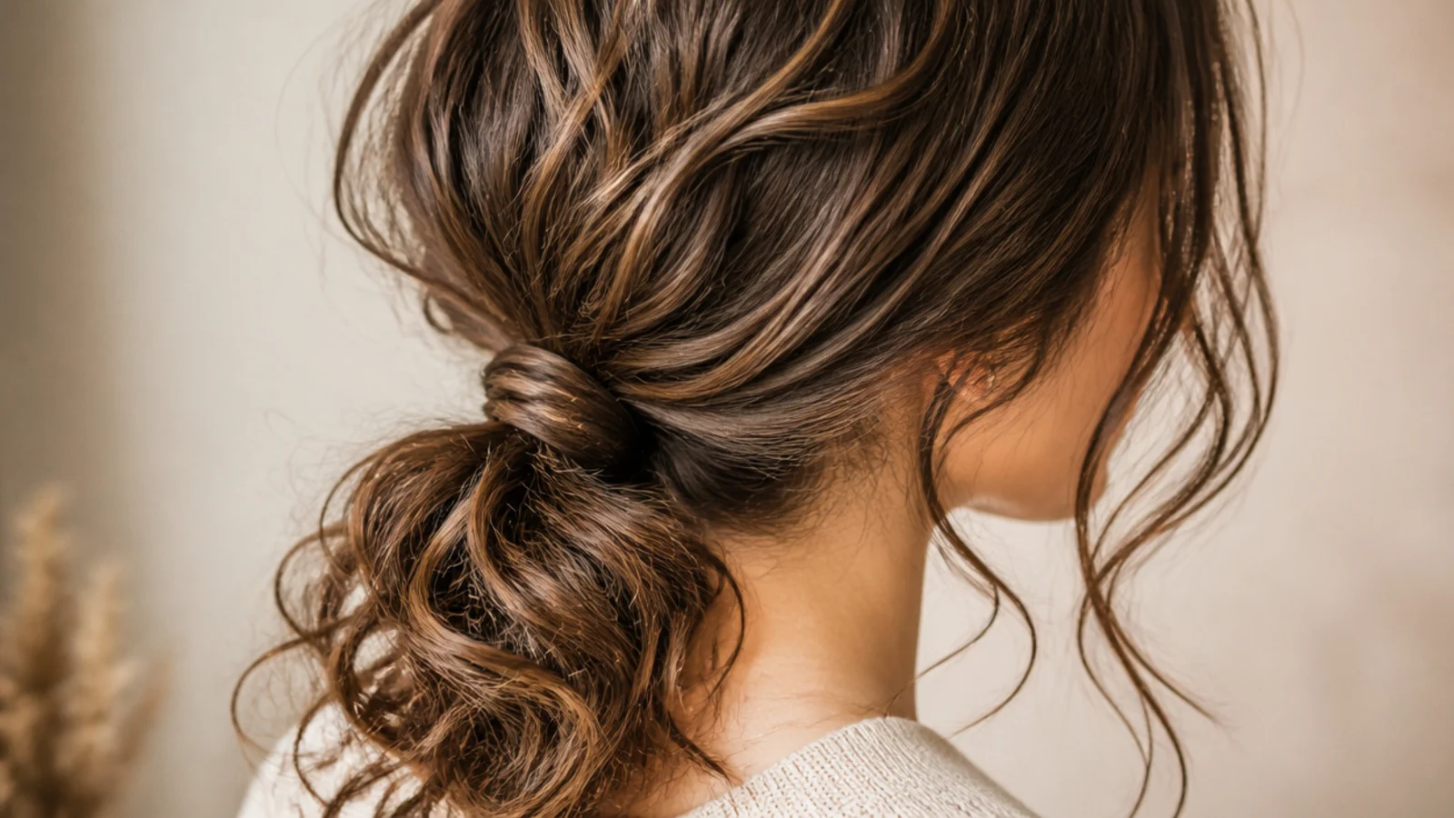 Low messy curly ponytail tied at the nape on 3a waves with loose face-framing pieces
