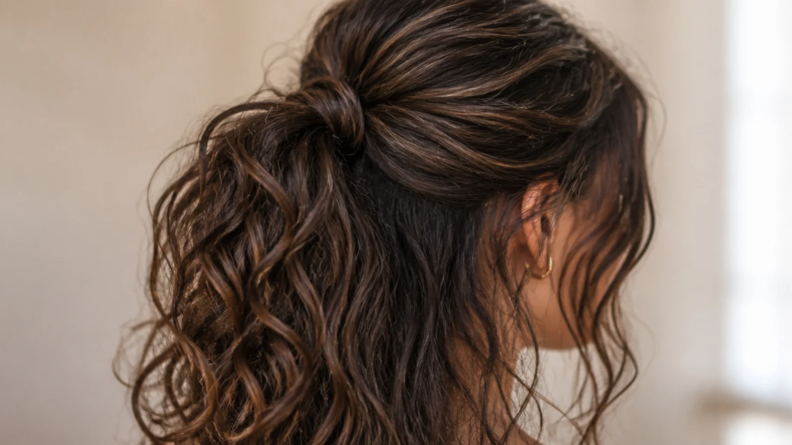Half up messy curly ponytail on 2c hair with the lower curls left hanging loose