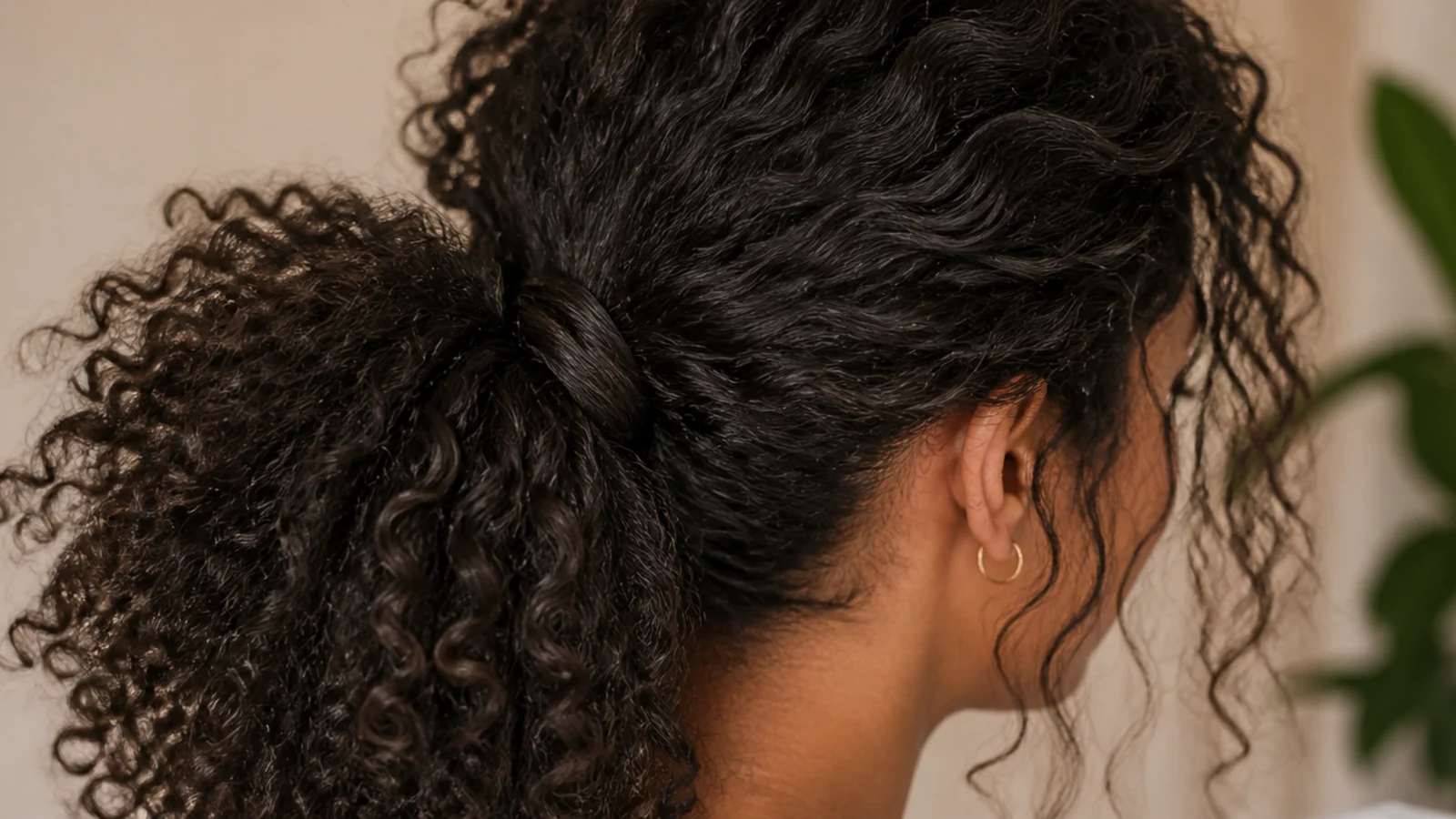 Voluminous 4a coil messy ponytail secured with a bungee band hooked at the base