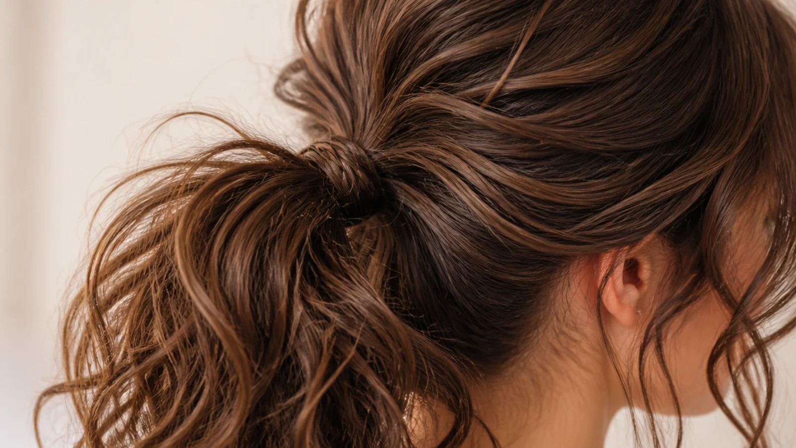 Curly messy ponytail with one curl wrapped around the elastic and pinned underneath