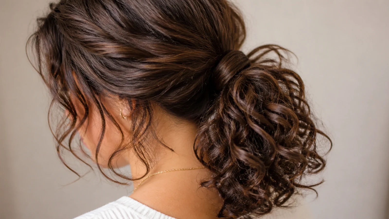 Side swept curly messy ponytail on shoulder length 3a hair gathered over one shoulder