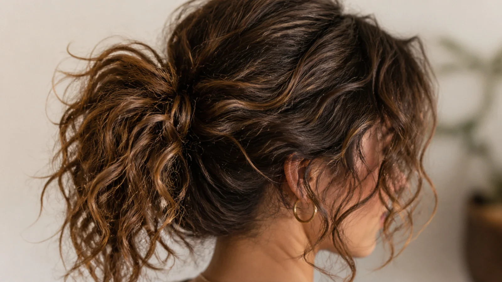 Messy curly ponytail with curly curtain bangs split at the center parting