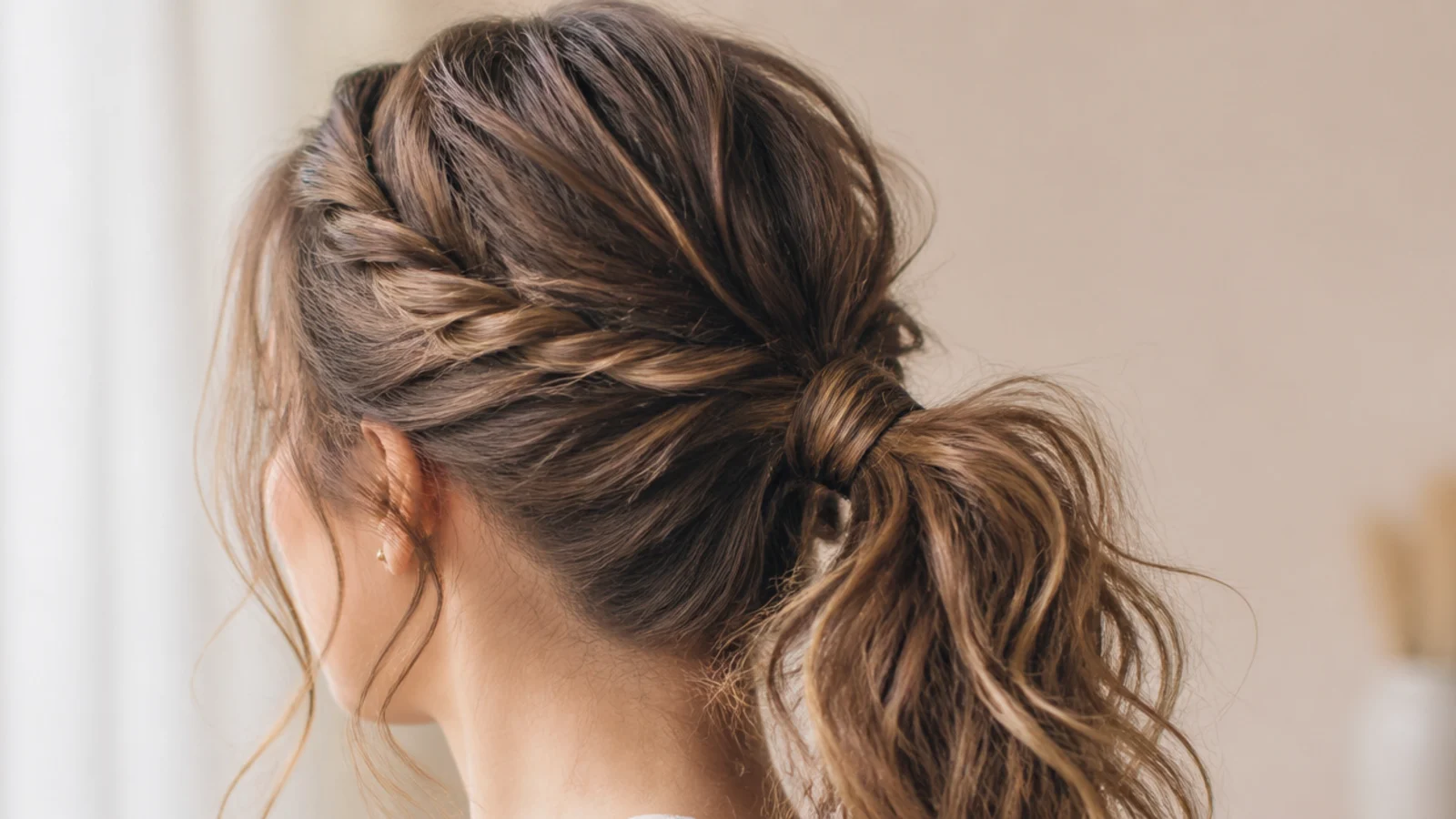 Twisted front curly messy ponytail on fine 2b waves with two twists running back into the tie