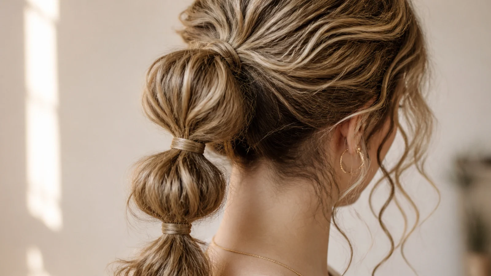 Bubble ponytail on loose 2c curls with three segments separated by clear elastics