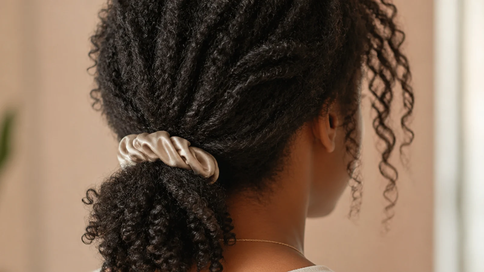 Low curly ponytail on 4c coils tied with a wide satin scrunchie at the nape