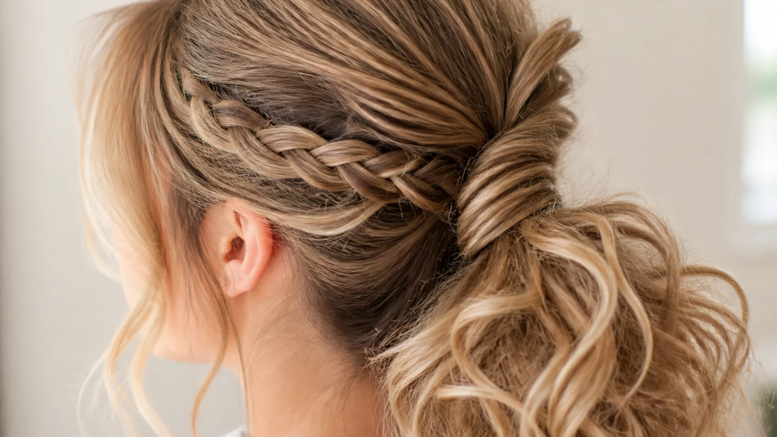 Curly messy ponytail with a small braid running along the base of the crown into the tie