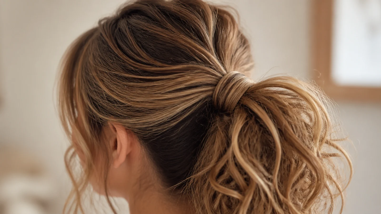 Curly ponytail with smoothed sleek roots at the crown and a full messy curl tail