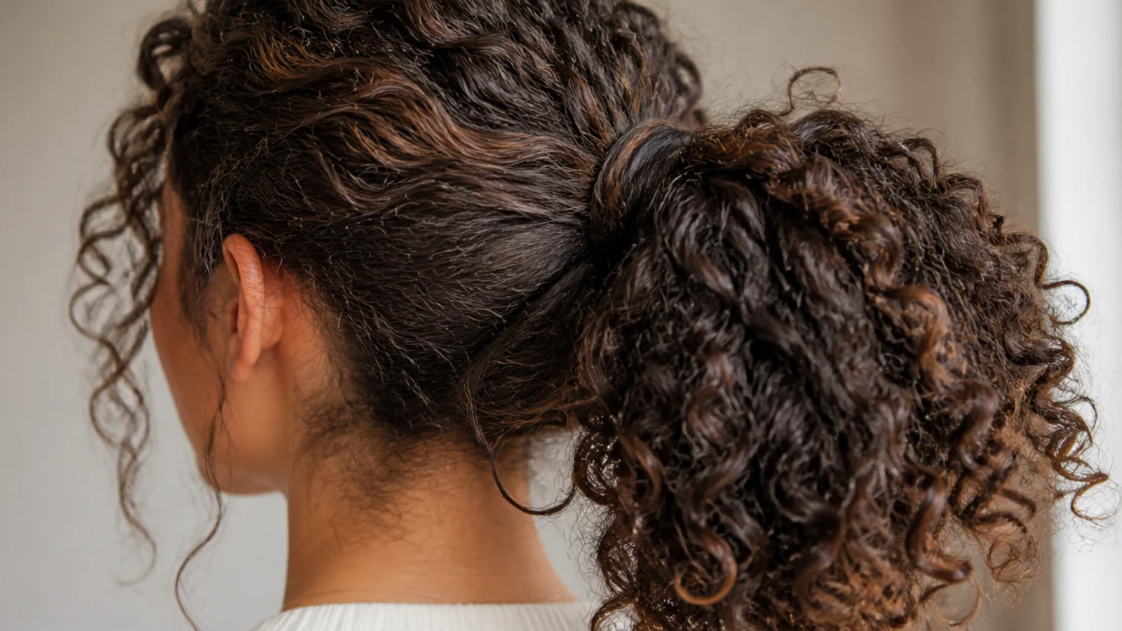 Crown tie curly messy ponytail on thick 3c hair with a wide full tail and loose ear pieces