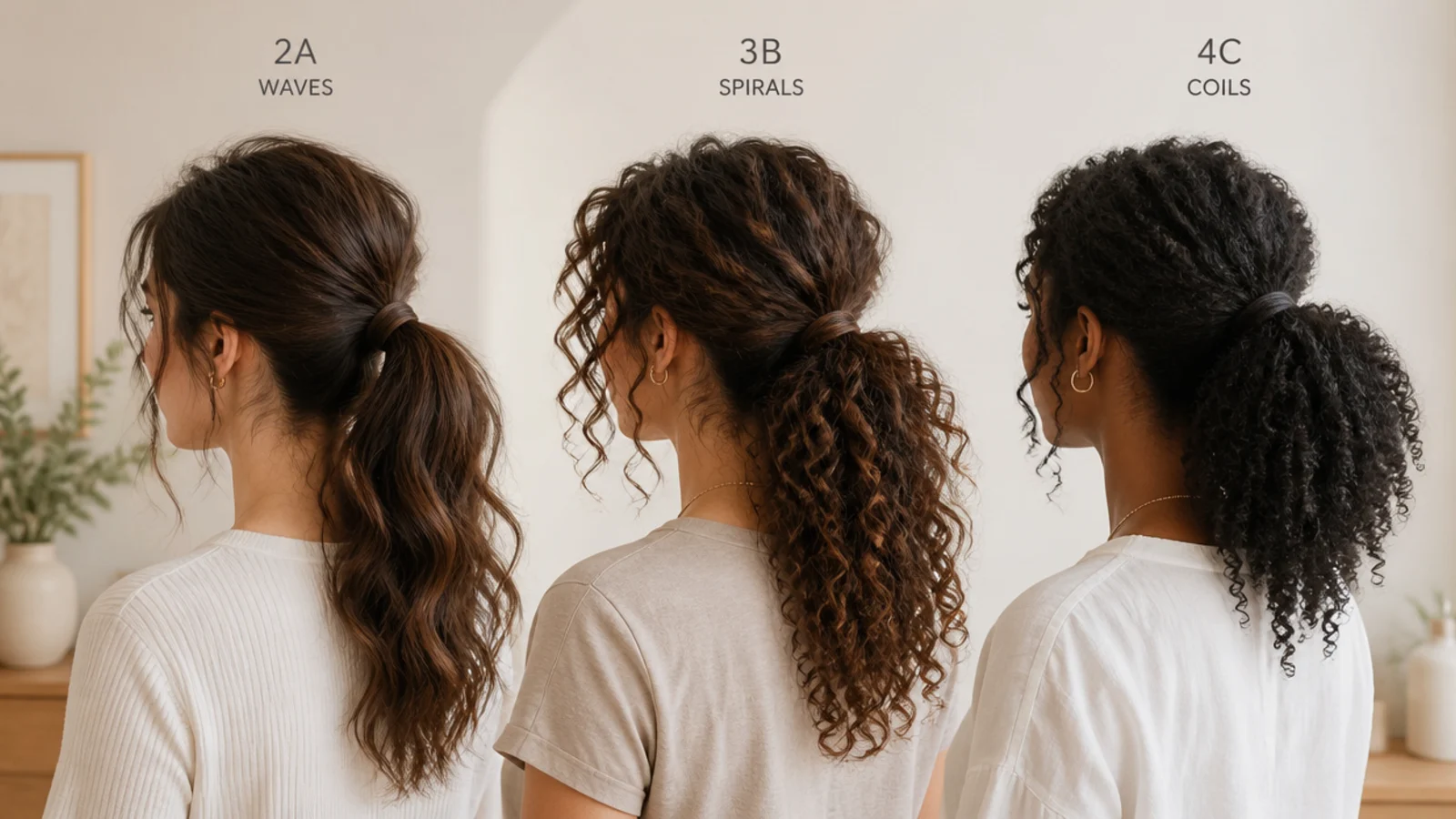 Curl type comparison showing 2a waves, 3b spirals and 4c coils each in a messy ponytail