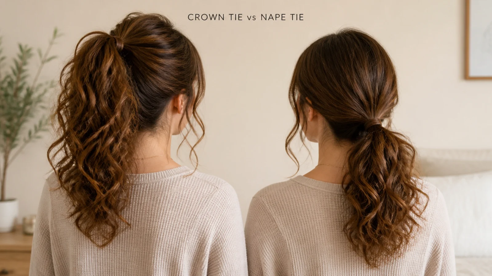 Side by side of a crown tie curly ponytail and a nape tie curly ponytail on the same hair