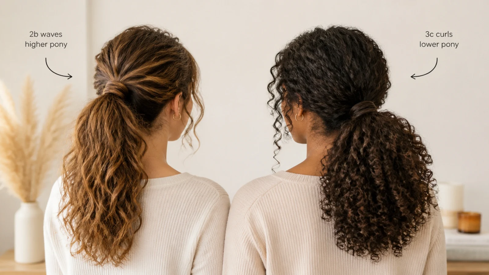 Fine 2b curly ponytail beside a thick 3c curly ponytail showing different volume and tie height
