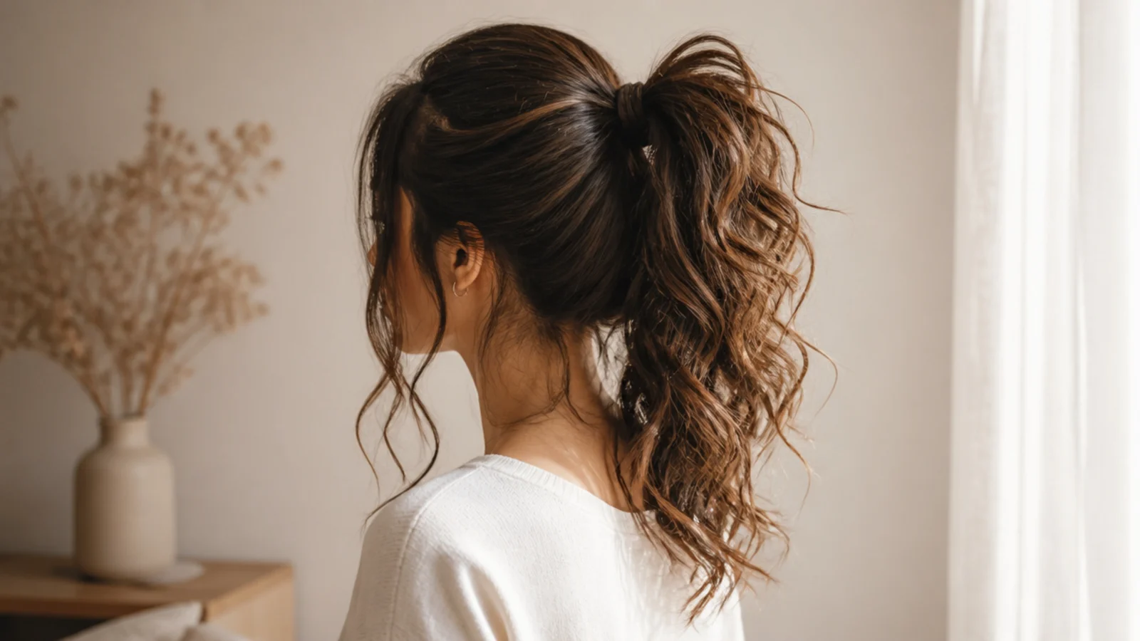 Curly messy ponytail tied at the crown with loose temple pieces framing the face
