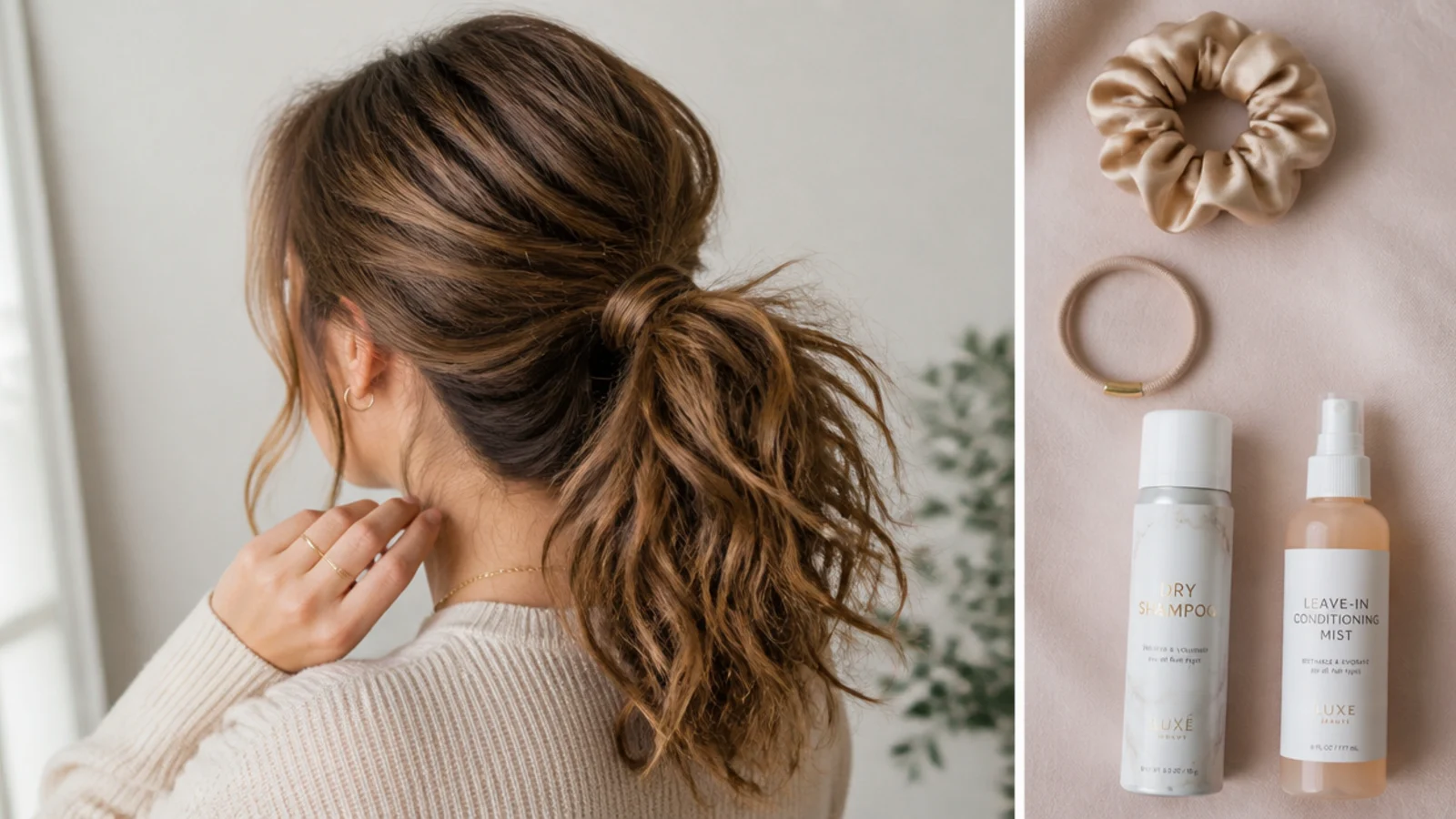 Flat lay of a satin scrunchie, bungee band, dry shampoo and leave-in mist for a curly messy ponytail