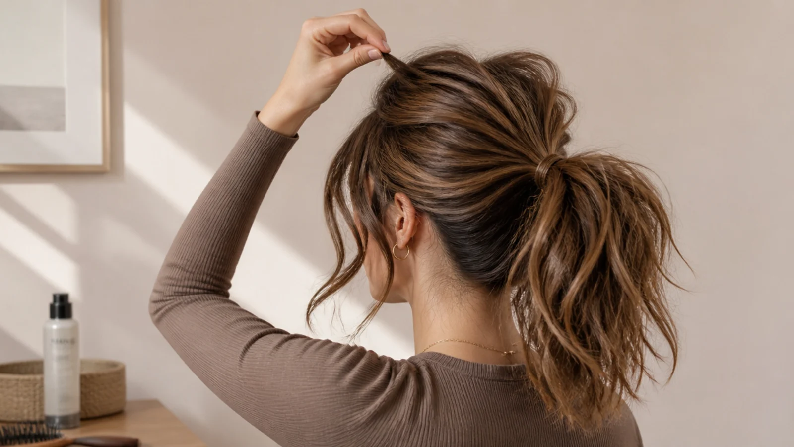 Small crown sections being tugged upward on a curly messy ponytail to build volume