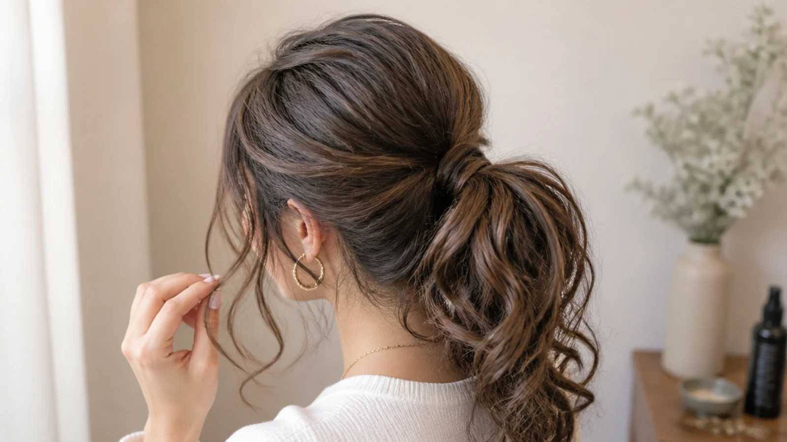 Close up of a curly messy ponytail base showing loose crown volume and deliberate face-framing pieces