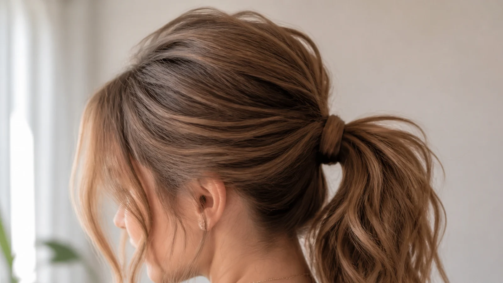 Five-minute messy ponytail for school with two soft face-framing strands left loose at the temples