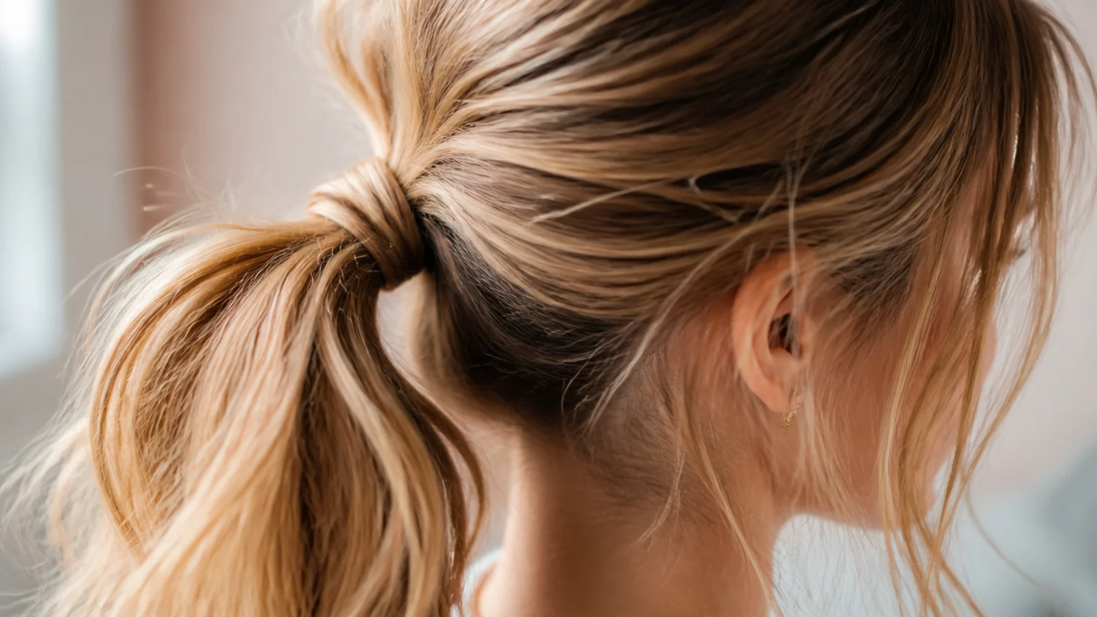 School messy ponytail with a strand wrapped around the elastic to hide the hair tie