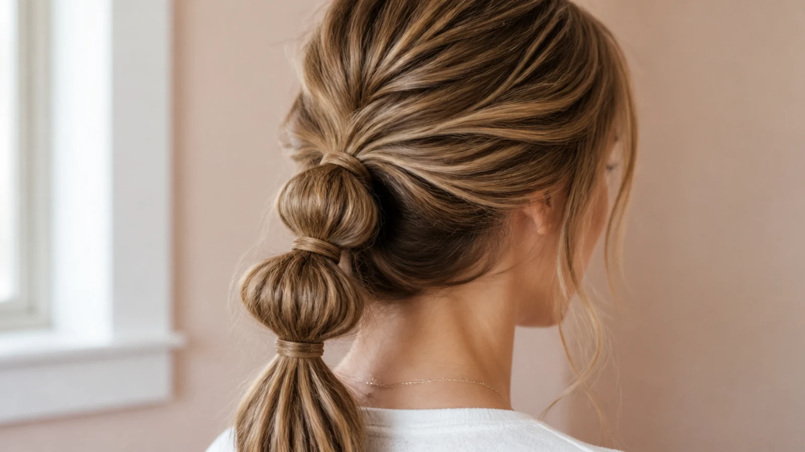 Messy bubble ponytail for school with four clear elastics spaced down the length