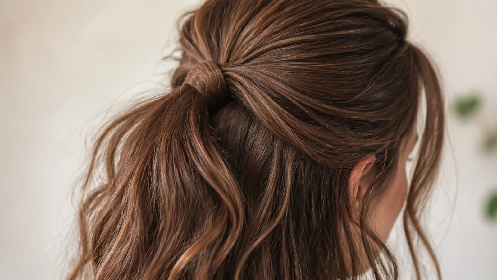 Half-up messy ponytail for school with the top section tied and the under-layers left down