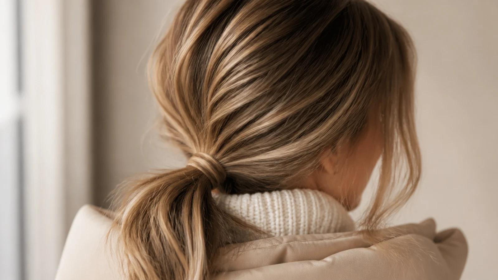 Low messy ponytail tied at the nape so it sits flat under a winter coat hood