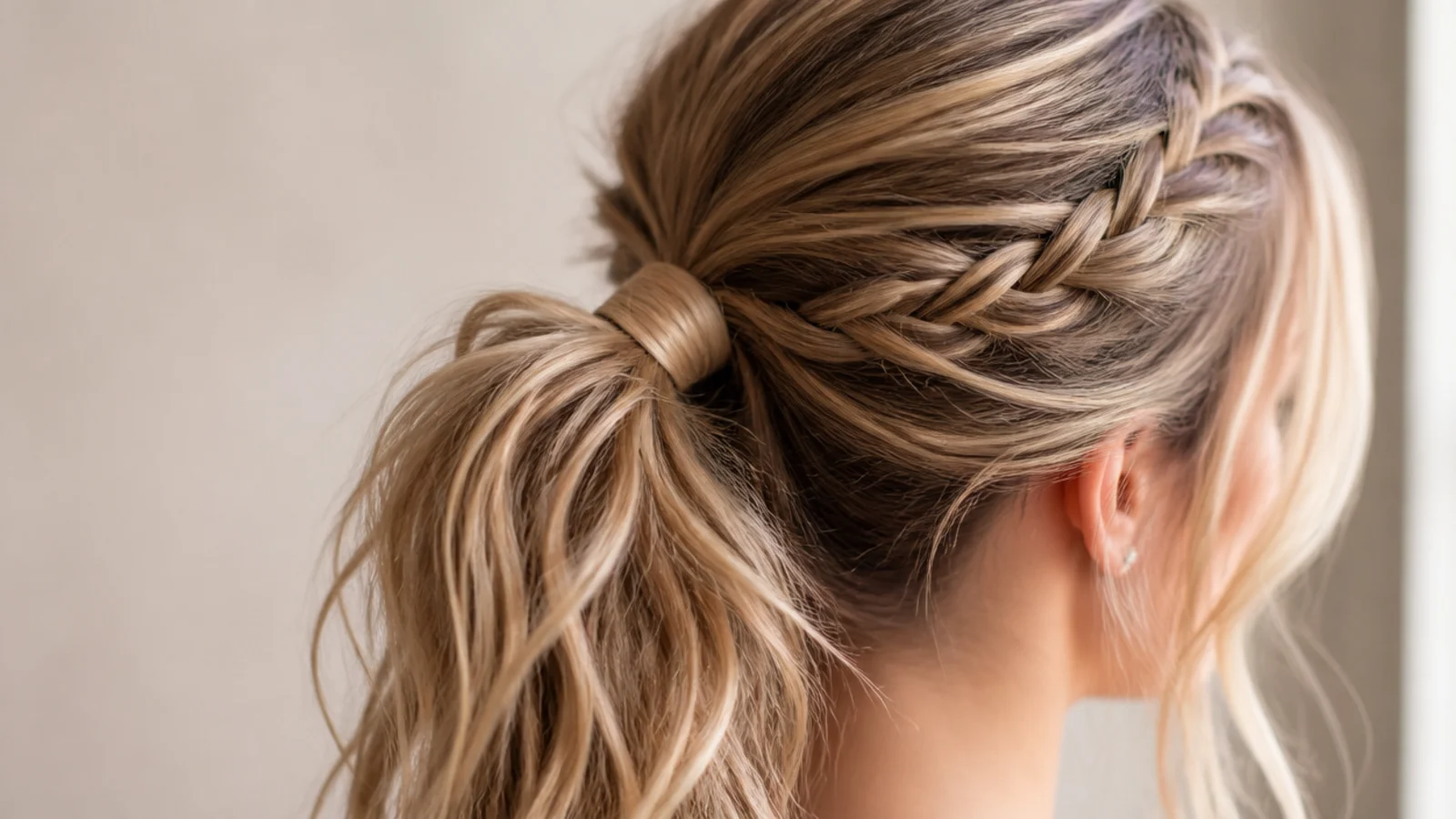 Messy school ponytail with a small three-strand braid running from the part into the tie