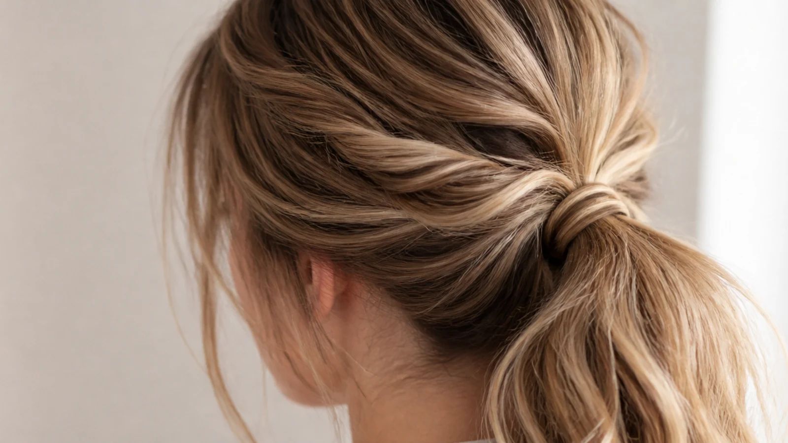 Messy school ponytail with both side sections twisted back and pinned into the base