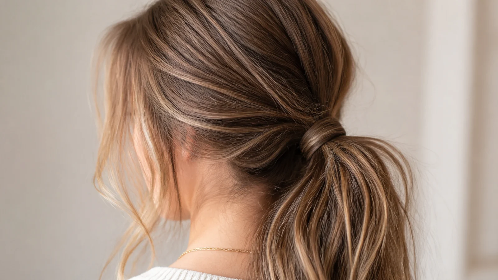 Easy messy ponytail for school worn with soft curtain bangs parted in the middle