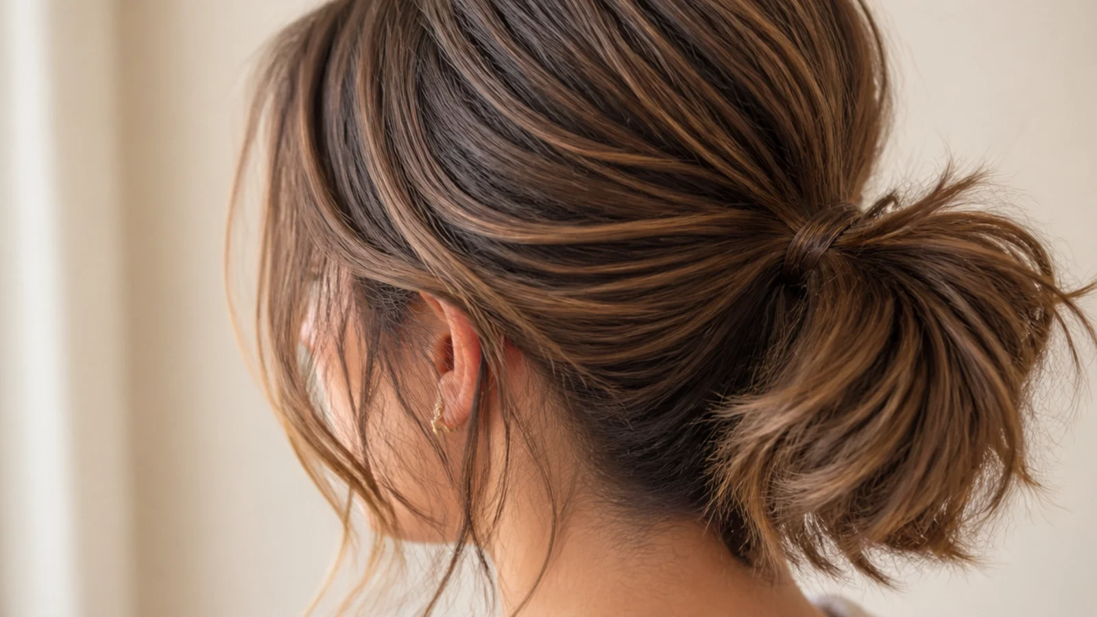 Short hair messy ponytail on a chin-length bob secured with a bungee band and pins
