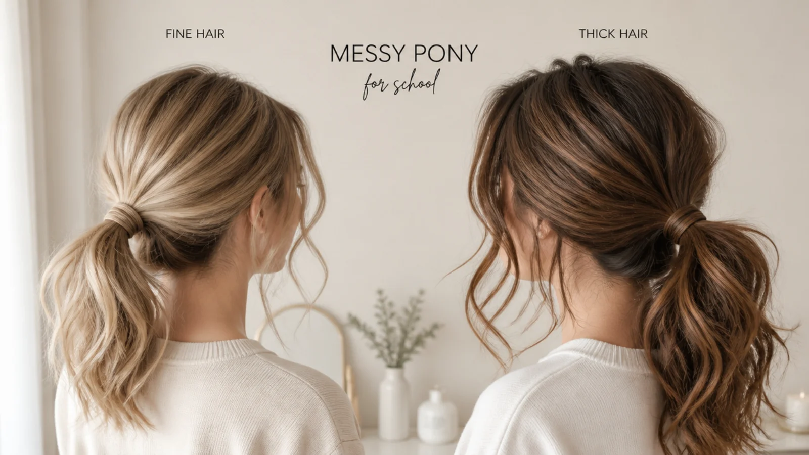 Fine hair and thick hair messy ponytails compared side by side for school