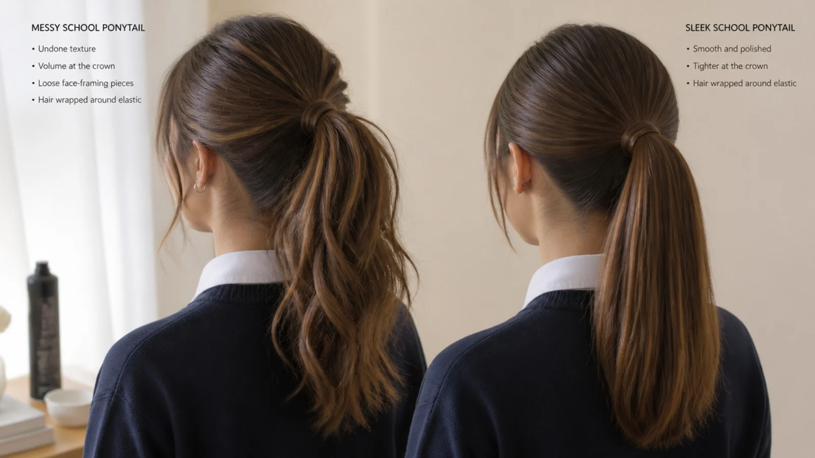 Messy school ponytail and sleek school ponytail compared for uniform dress codes