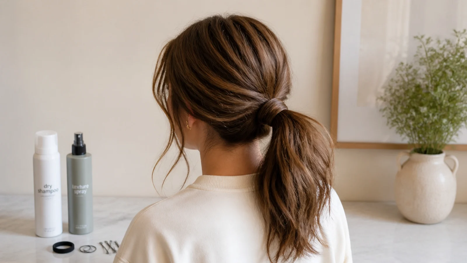 Dry shampoo, texture spray, bungee band, thin elastics and bobby pins for a school messy ponytail