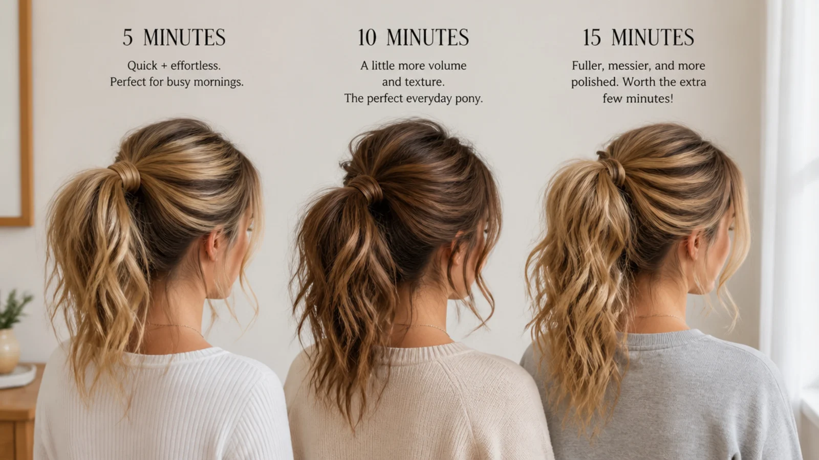 Three school messy ponytails compared by how long each takes to build in the morning