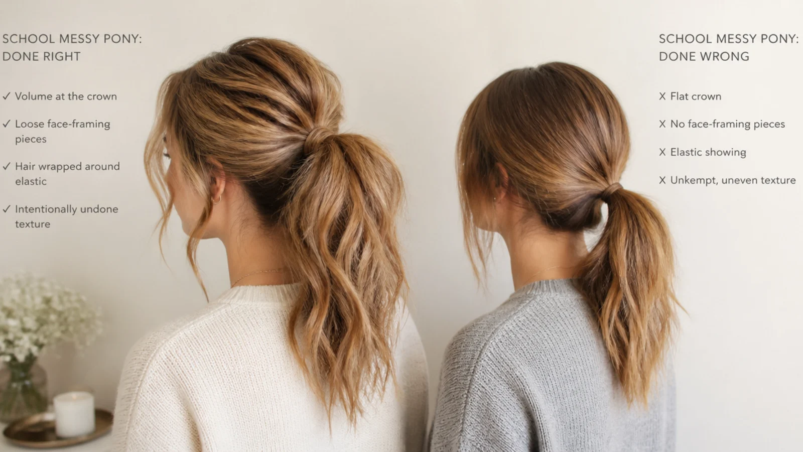 Two school messy ponytails compared, one intentionally undone and one that looks untidy