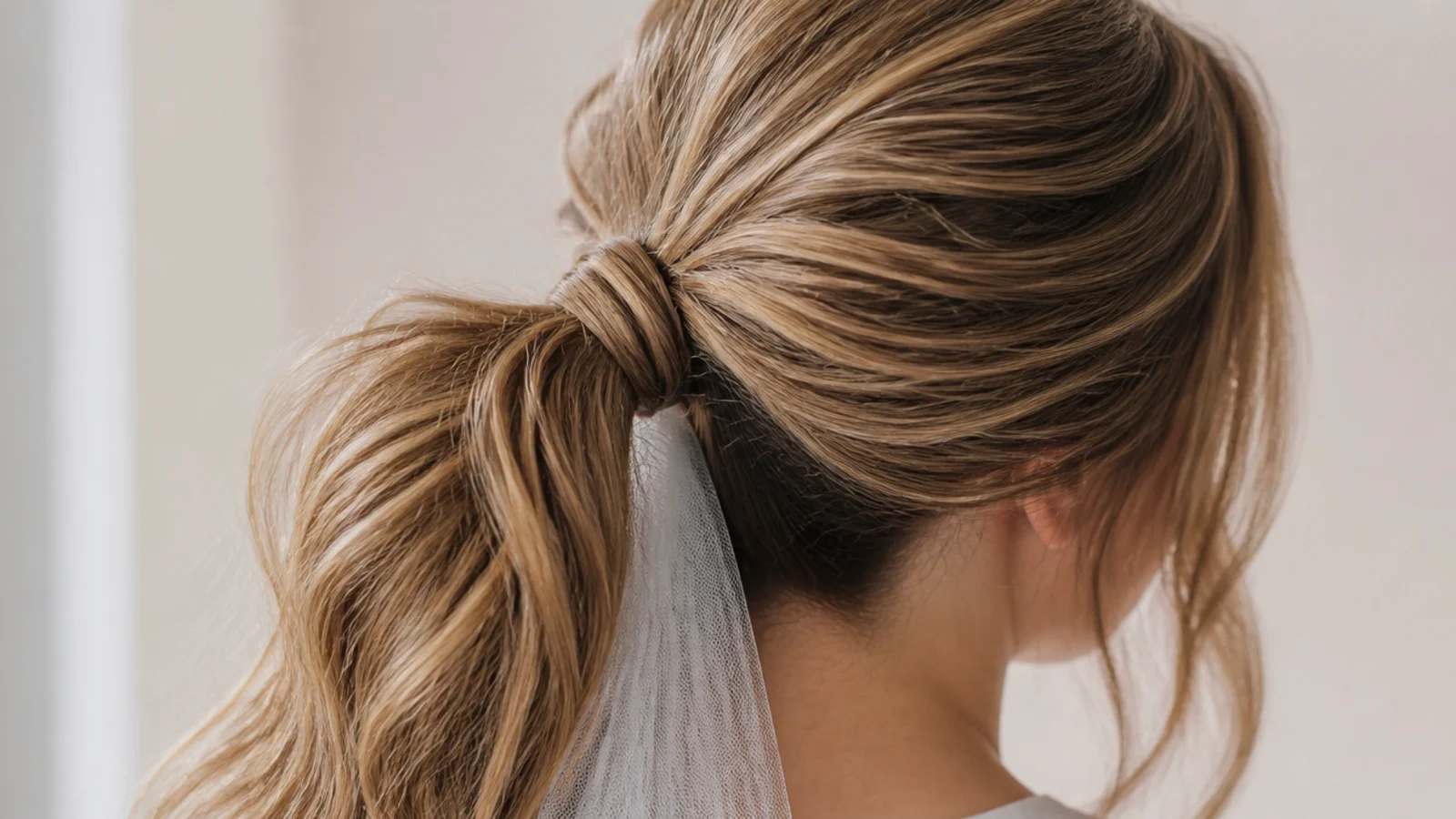 Bridal messy ponytail with the elastic hidden under a wrapped strand and a veil comb beneath